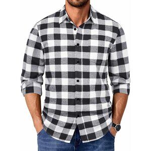 Buffalo Black White Men Flannel  Long Sleeve Plaid  Button Up Shirt Jacket